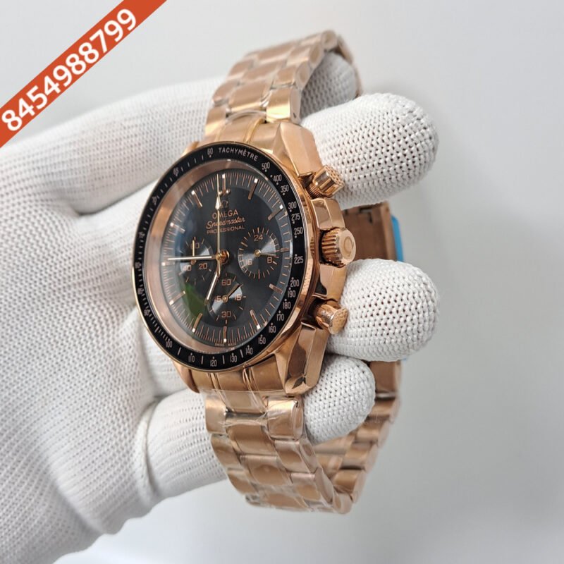 Omega Speedmaster Black Dial Rose Gold Stainless Steel Strap Swiss Watch - Image 3