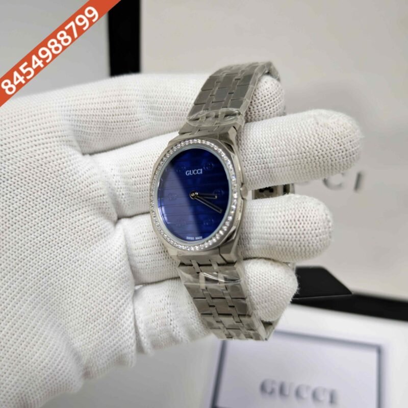Gucci 25H Blue Diamond Bazel Stainless Steel Swiss Watch - Image 2