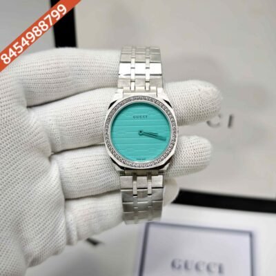 Gucci 25H Sky Blue Diamond Bazel Stainless Steel Swiss Watch