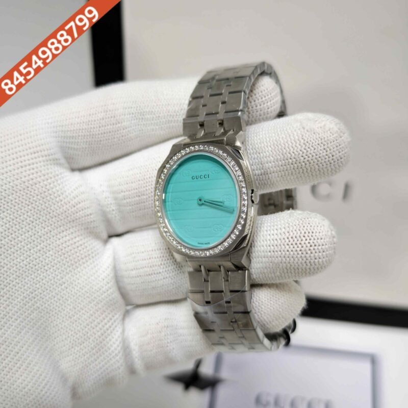 Gucci 25H Sky Blue Diamond Bazel Stainless Steel Swiss Watch - Image 2
