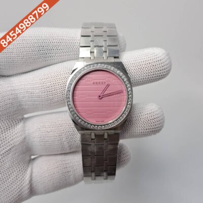 Gucci 25H Pink Diamond Bazel Stainless Steel Swiss Watch