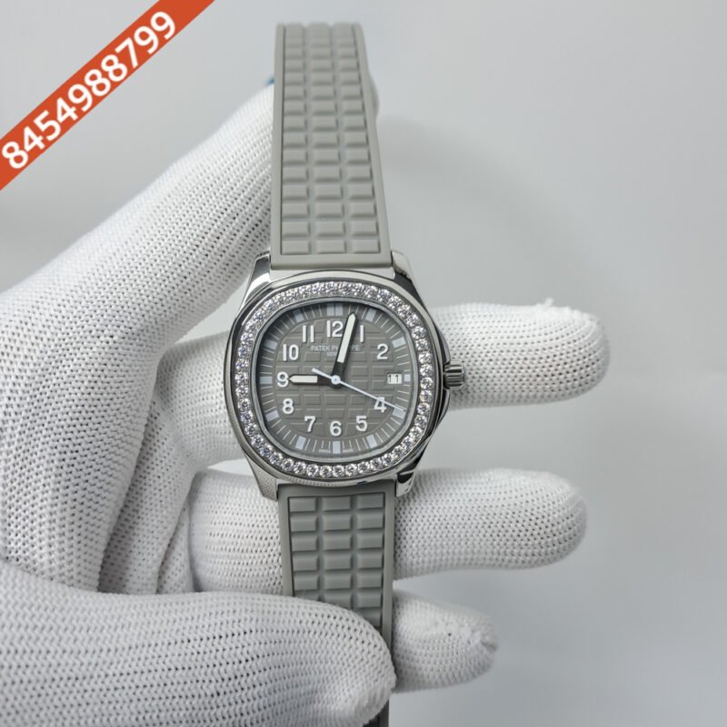 Patek Philippe Nautilus Diamond Bezel Grey Dial Rubber Strap Swiss Watch