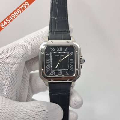 Cartier Santos De Silver Black Dial Black Leather Strap Swiss Automatic Watch