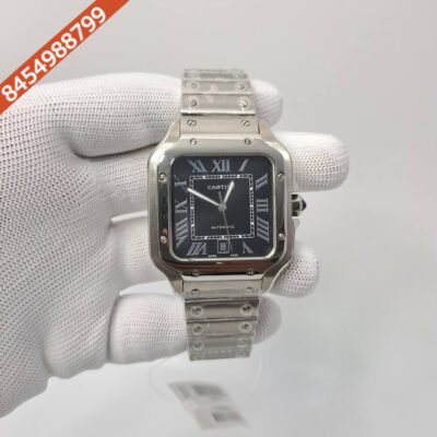 Cartier Santos De Silver Black Dial Swiss Automatic Watch