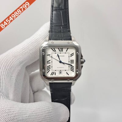 Cartier Santos De Silver White Dial Black Leather Strap Swiss Automatic Watch
