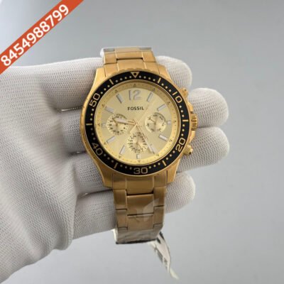Fossil Bannon Black Bazel Golden Dial Swiss Watch