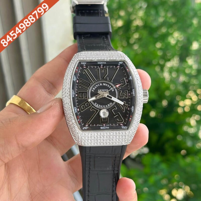 Franck Muller Vanguard Silver Diamond Bezel Black Dial Swiss Automatic Watch
