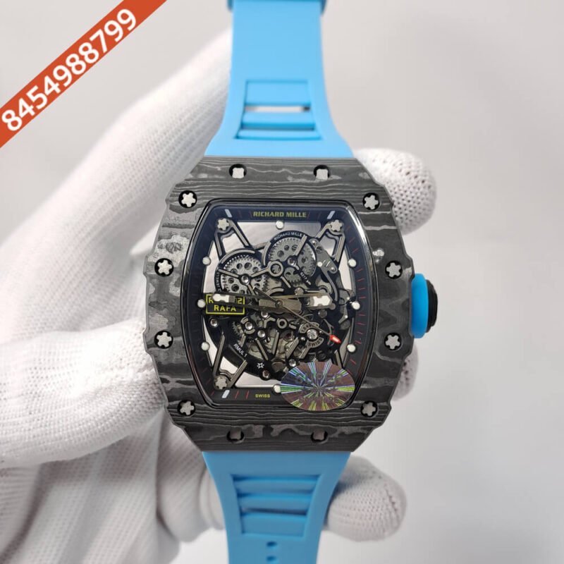 Richaed Mille 35-02 RAFAEL NADAL Black Carbon Sky Blue Rubber Strap Swiss ETA Automatic Watch