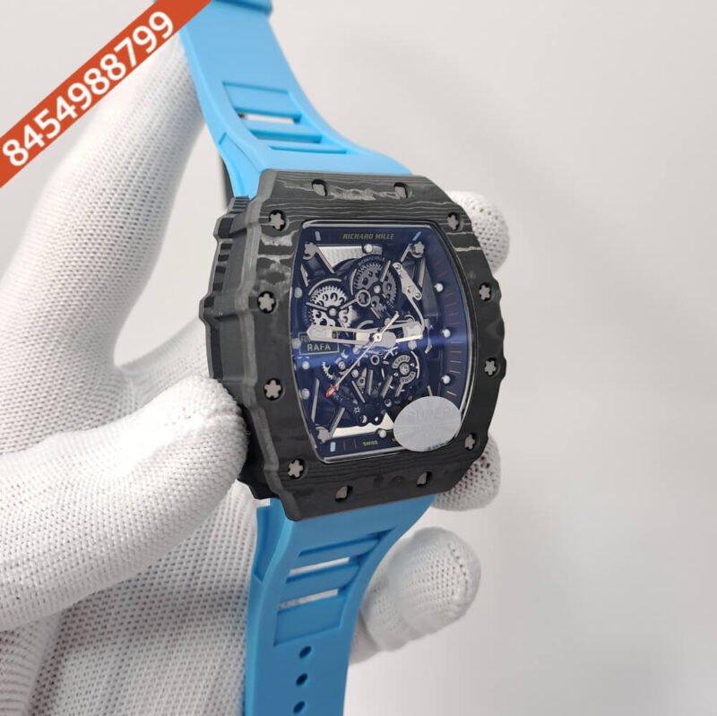 Richaed Mille 35-02 RAFAEL NADAL Black Carbon Sky Blue Rubber Strap Swiss ETA Automatic Watch - Image 3
