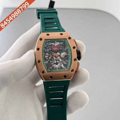 Richard Mille RM011 Rose Gold Green Dial Green Rubber Strap Swiss Automatic Watch