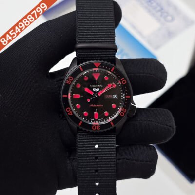 Seiko 5 Sports NATO Black Dial Red Marking Bezel Swiss Automatic Watch