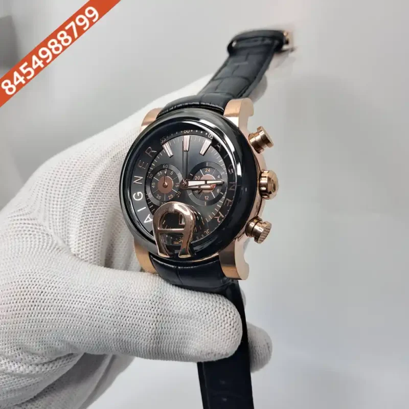 Aigner Bari Black Bazel Chronograph Black Dial Black Leather Swiss Watch - Image 2