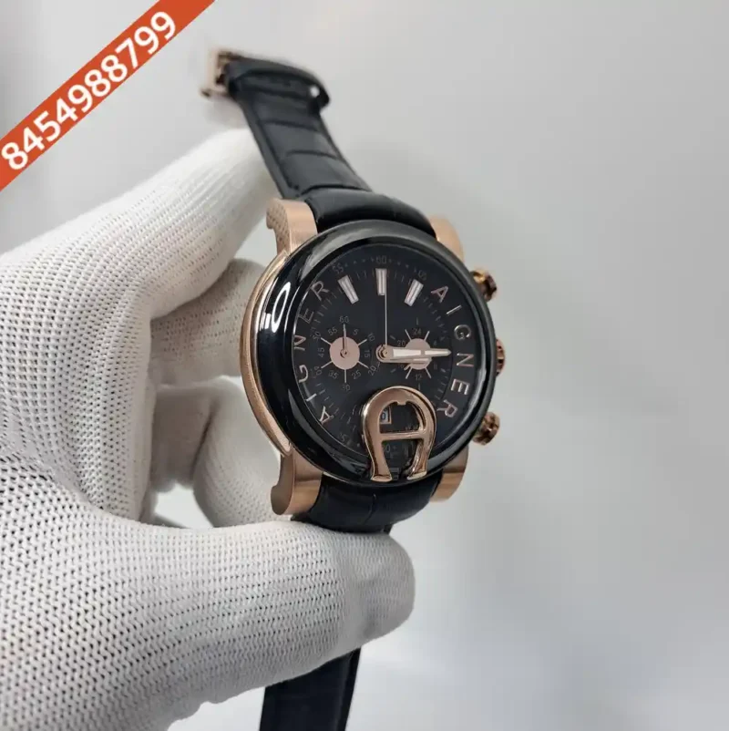 Aigner Bari Black Bazel Chronograph Black Dial Black Leather Swiss Watch - Image 3