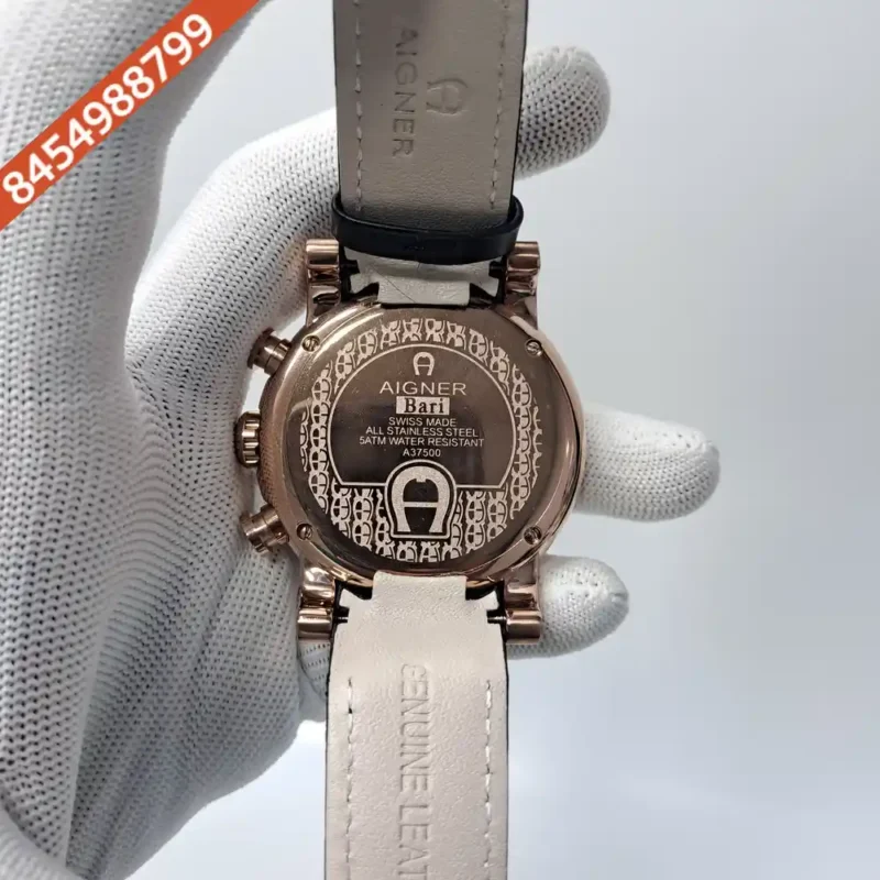 Aigner Bari Rose Gold Chronograph White Dial Black Leather Swiss Watch - Image 4
