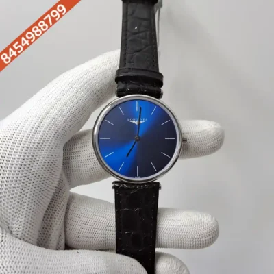 Longines La Grande Classique Full Silver Blue Dial Black Leather Strap Swiss Watch