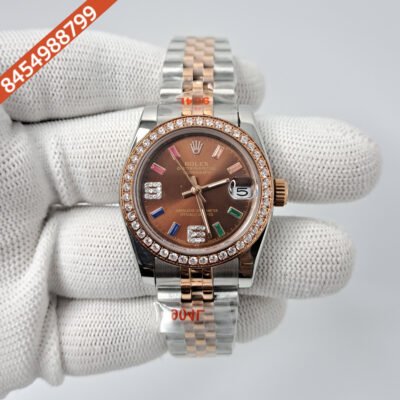 Rolex Date-Just Dual Tone Brown 6 & 9 Diamond Dial Diamond Bazel Swiss Automatic Watch