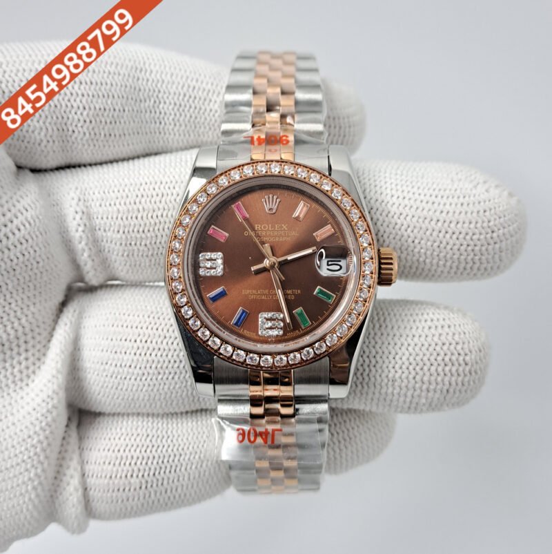 Rolex Date-Just Dual Tone Brown 6 & 9 Diamond Dial Diamond Bazel Swiss Automatic Watch