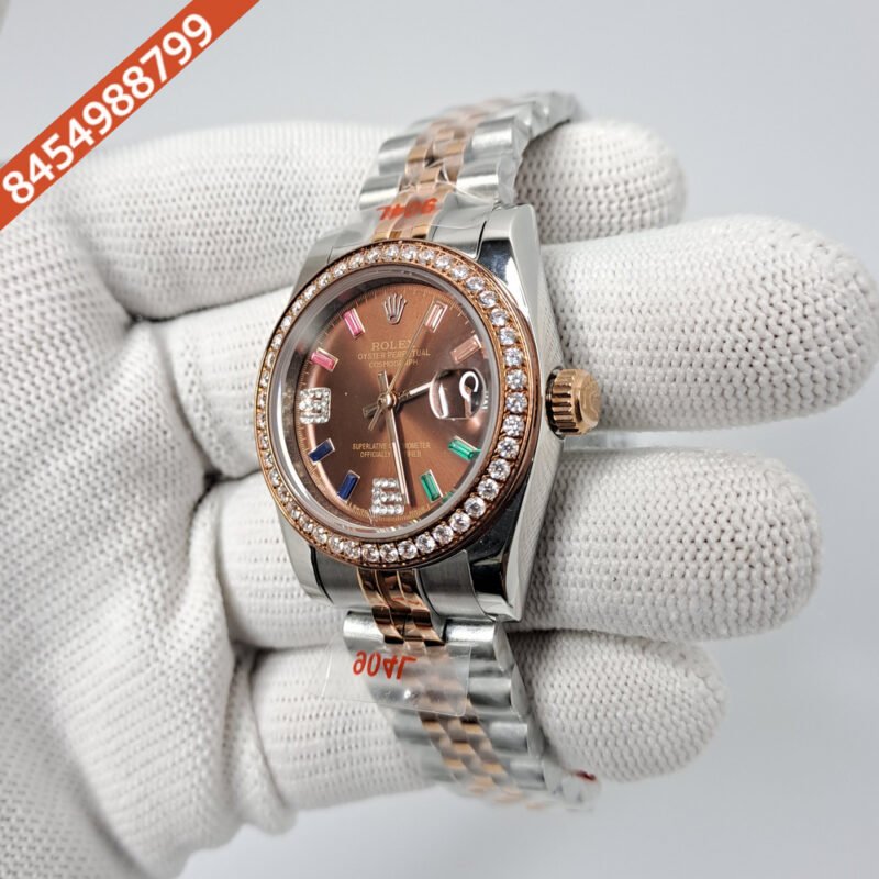 Rolex Date-Just Dual Tone Brown 6 & 9 Diamond Dial Diamond Bazel Swiss Automatic Watch - Image 3