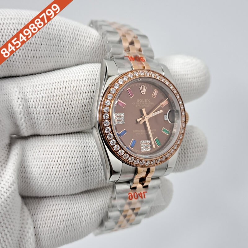 Rolex Date-Just Dual Tone Brown 6 & 9 Diamond Dial Diamond Bazel Swiss Automatic Watch - Image 2
