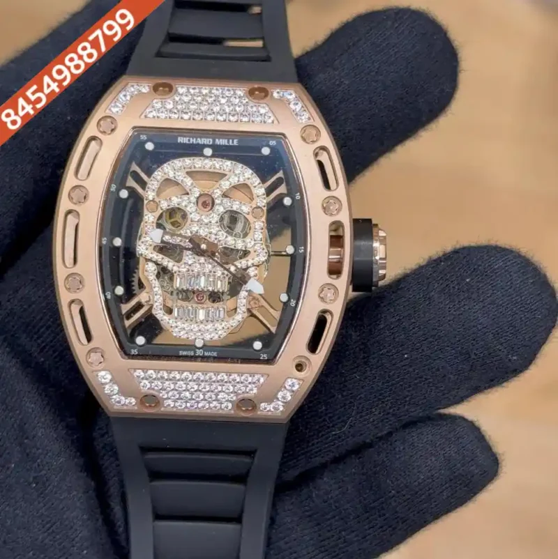 The Richard Mille RM 01-01 Skeleton Rose Gold Diamond Case Rubber Strap Swiss Automatic Watch
