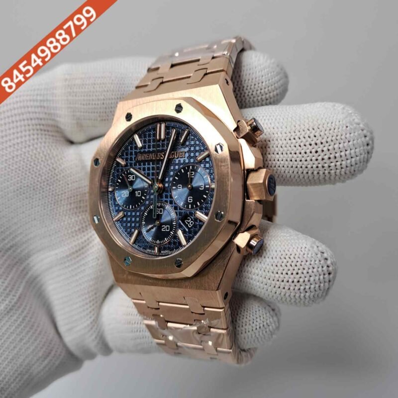 Audemars Piguet Royal Oak Chronograph Rose Gold Blue Swiss ETA Valjoux 7750 Automatic Watch - Image 2