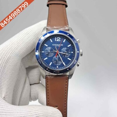 Coach Kent Chronograph Silver Blue Dial Brown Leather Strap Swiss Automatic Watch