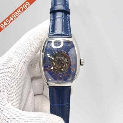 Franck Muller Cintree Curvex Silver Blue Dial Blue Leather Strap Swiss Automatic Watch