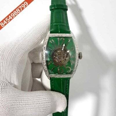 Franck Muller Cintree Curvex Silver Green Dial Green Leather Strap Swiss Automatic Watch