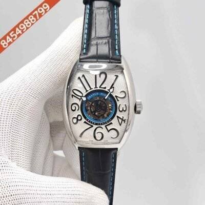 Franck Muller Cintree Curvex Silver White Dial Black Leather Strap Swiss Automatic Watch
