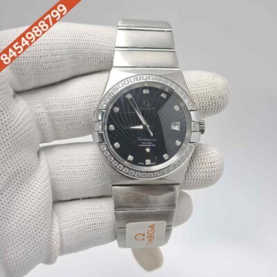 Omega Constellation Co Axial Steel Diamond Bezel Black Dial Swiss Automatic Watch