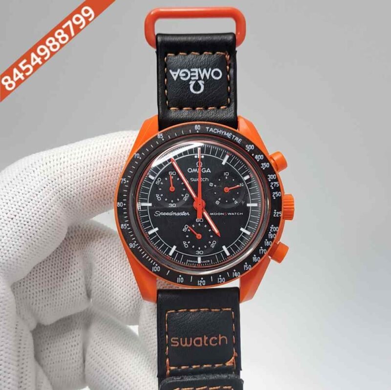 Omega Speedmaster Swatch Moonswatch Mission On Earth Black Orange Chronograph Swiss Watch