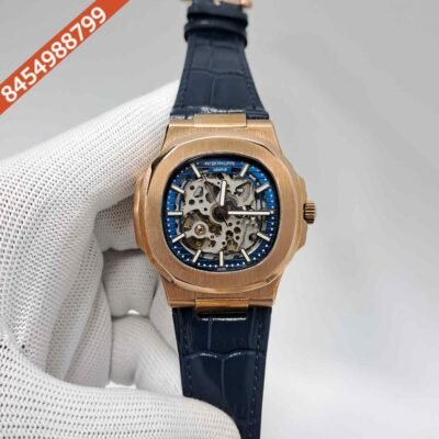 Patek Philippe Nautilus Rose Gold Blue Dial Blue Leather Strap Swiss Automatic Watch