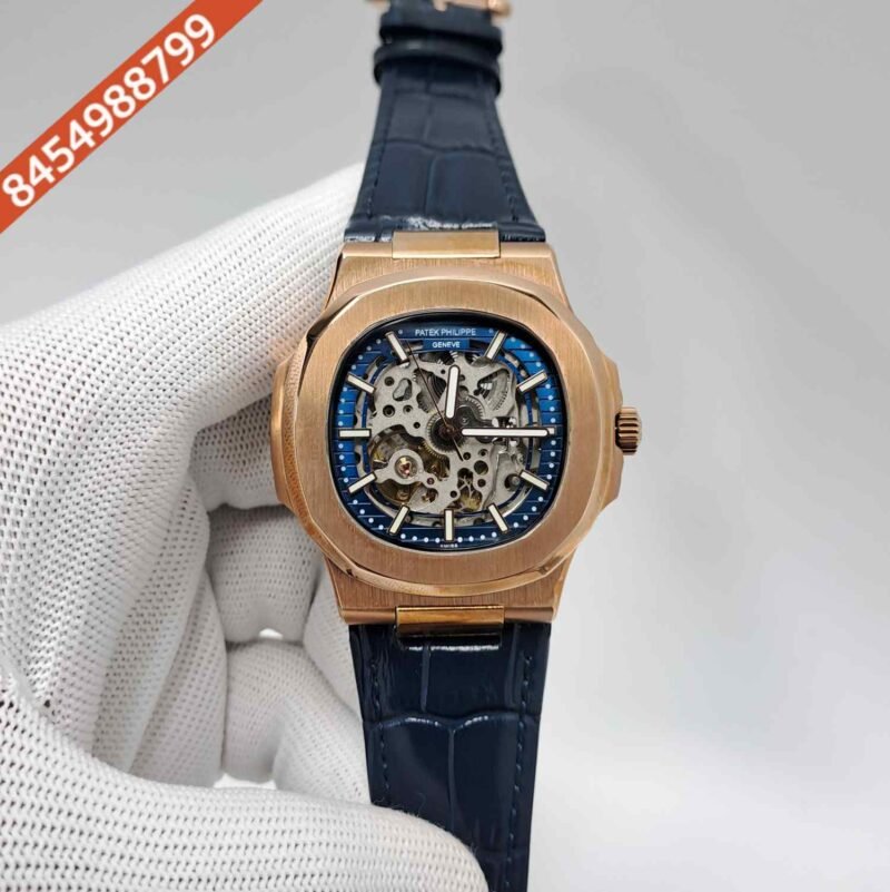 Patek Philippe Nautilus Rose Gold Blue Dial Blue Leather Strap Swiss Automatic Watch