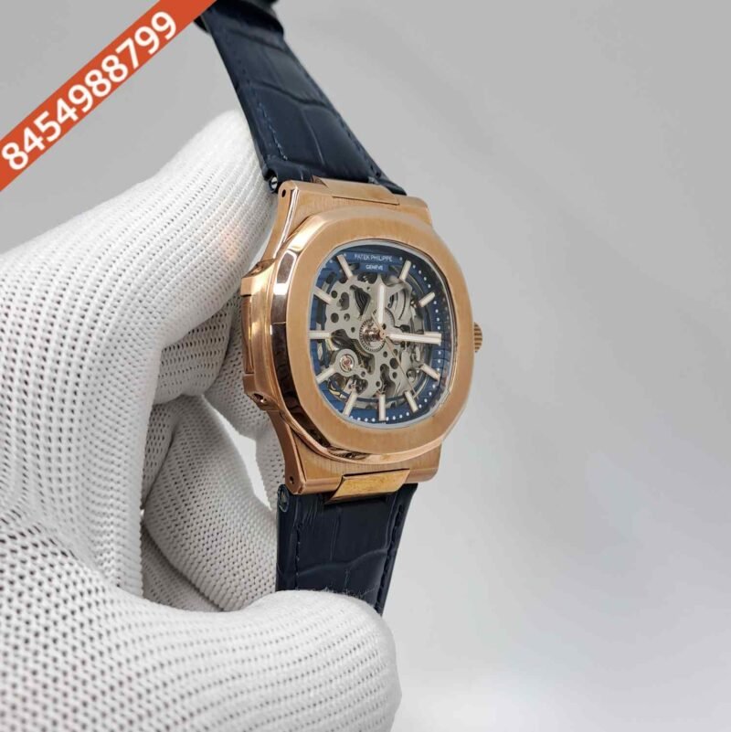 Patek Philippe Nautilus Rose Gold Blue Dial Blue Leather Strap Swiss Automatic Watch - Image 2