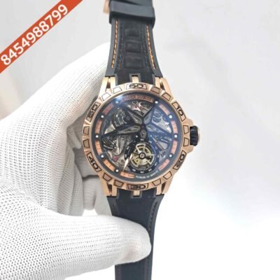 Roger Dubuis Excalibur Flying Tourbillion Rose Gold Black Dial Rubber Strap Swiss Automatic Watch