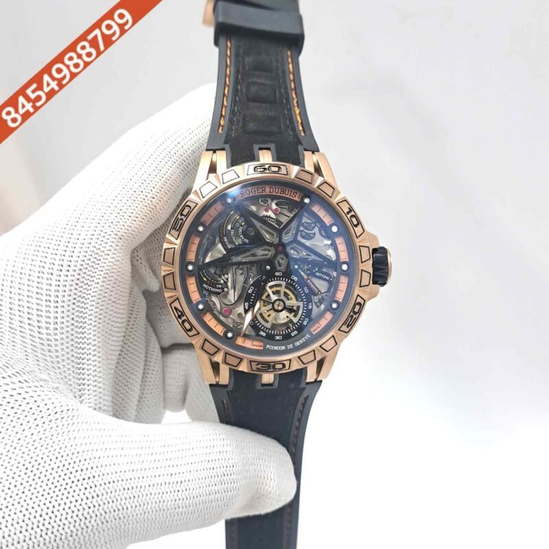 Roger Dubuis Excalibur Flying Tourbillion Rose Gold Black Dial Rubber Strap Swiss Automatic Watch