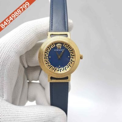 Versace Greca Chic Gold Blue Dial Leather Strap Swiss Watch