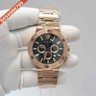Versace Greca Logo Chronograph Full Rose Gold Green Dial Swiss Watch
