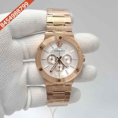 Versace Greca Logo Chronograph Full Rose Gold White Dial Swiss Watch