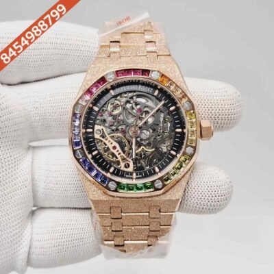 Audemars Piguet Royal Oak Full Rose Gold Black Skeleton Dial Dimond Bezel Swiss Automatic Watch