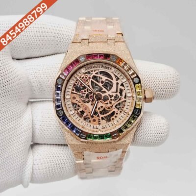 Audemars Piguet Royal Oak Full Rose Gold Skeleton Dial Dimond Bezel Swiss Automatic Watch