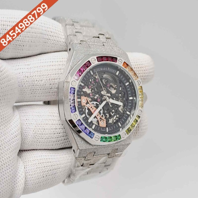 Audemars Piguet Royal Oak Full Silver Black Skeleton Dial Dimond Bezel Swiss Automatic Watch - Image 3