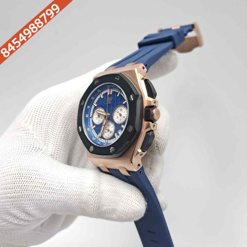 Audemars Piguet Royal Oak Offshore Chronograph Rose Gold Blue Dial Blue Rubber Strap Swiss Watch - Image 2
