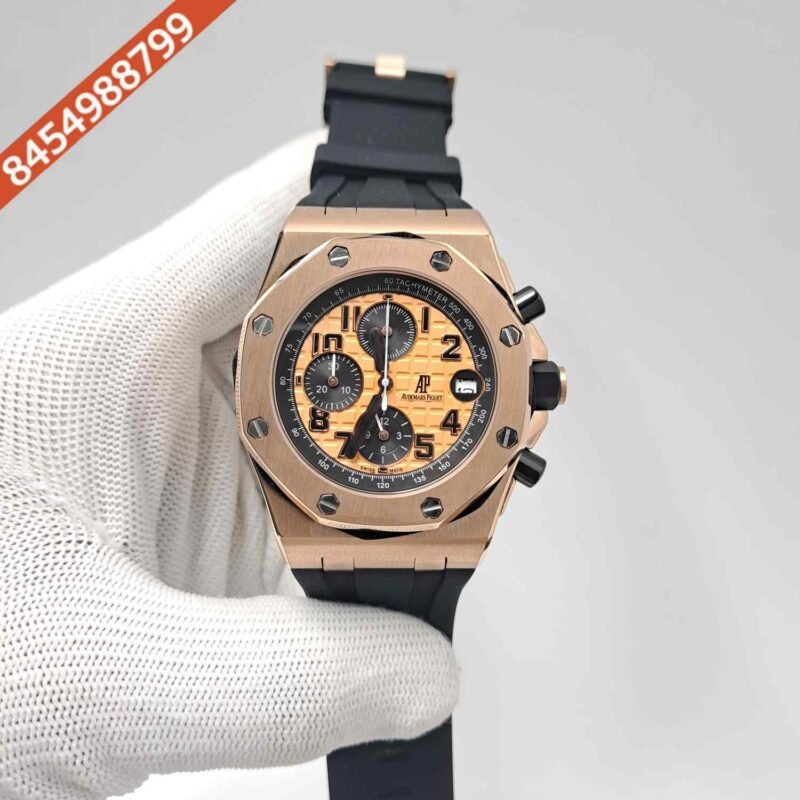 Audemars Piguet Royal Oak Offshore Rose Gold Dial Black Rubber Strap Chronograph Swiss Watch