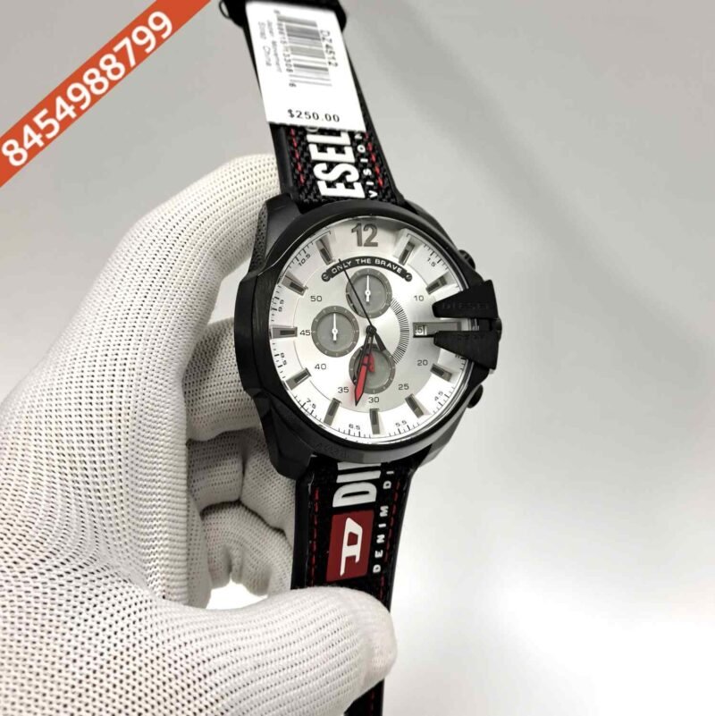 Diesel Mega Chief Chronograph Silver Dial Black Leather Strap Swiss Quartz Watch - Image 3