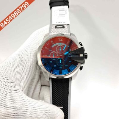 Diesel Mega Chief Steel Black Dial Black Leather Strap Swiss Quartz Watch