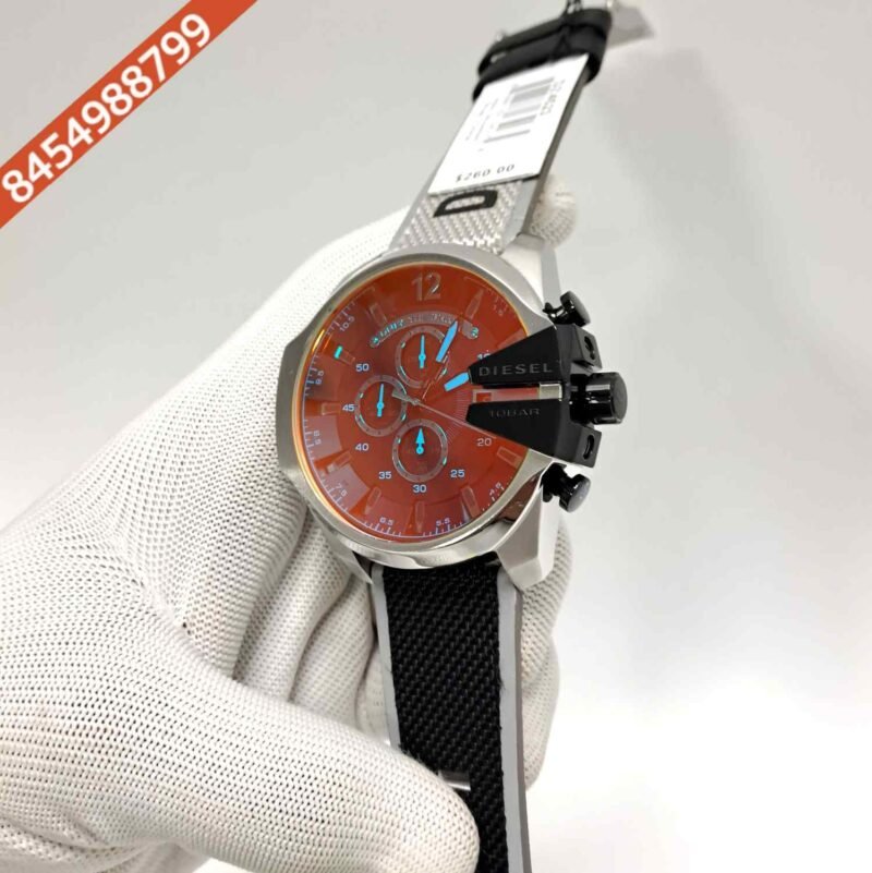 Diesel Mega Chief Steel Black Dial Black Leather Strap Swiss Quartz Watch - Image 2