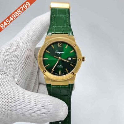 Ferragamo F-80 Classic Gold Green Dial Green Leather Swiss Watch