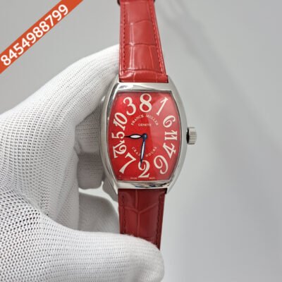 Franck Muller Crazy Hours Silver Dark Red Dial Red Leather Strap Swiss Automatic Watch