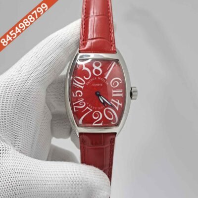 Franck Muller Crazy Hours Silver Red Dial Red Leather Strap Swiss Automatic Watch